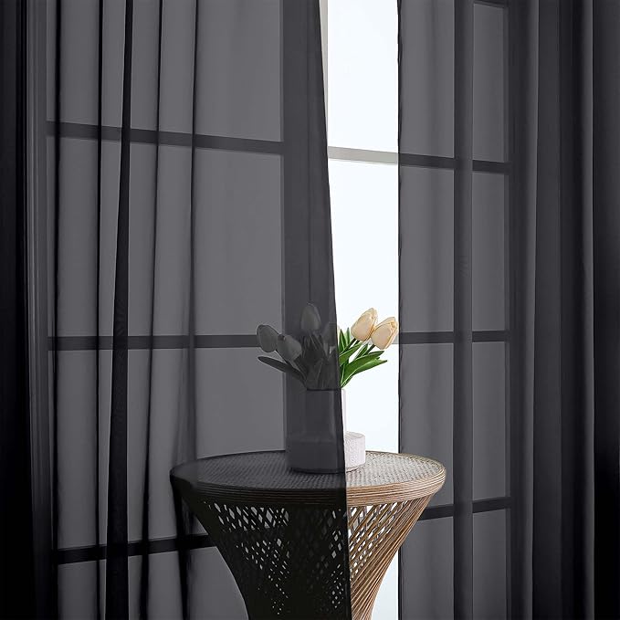 OWENIE Black Sheer Curtains 68 Inch Length 2 Panels Set for Bedroom Living Room, Light Filtering Voile Sheer Curtains, Airy Rod Pocket Farmhouse Curtain, Black, Each 42Wx68L inch