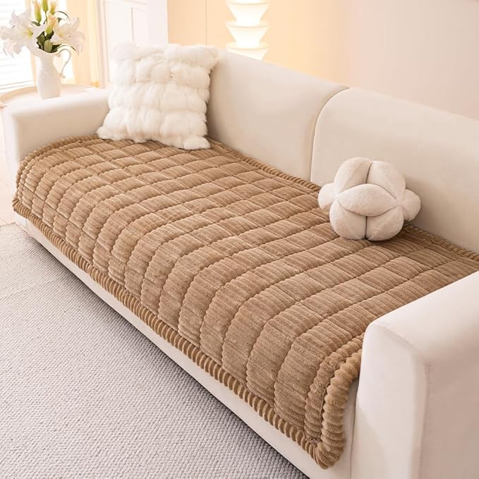 Couch Cover for Dogs Washable, Fuzzy Pet Couch Covers for 3 Cushion Sofa Pet Friendly, Non Slip Sofa Cover (Light Brown, 35" x 70.9"/90 x 180cm)