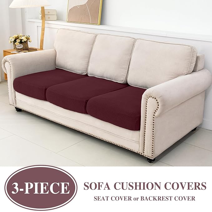 Couch Cushion Covers Seat Cushion Cover Stretch Couch Cover Separate Sectional Sofa Slipcovers Furniture Protector(3 Pieces for Seat or Sofa Backrest, Burgundy)