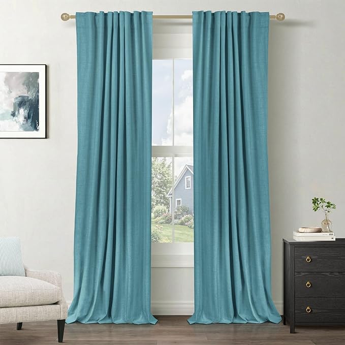 100% Blackout Shield Linen Blackout Curtains for Bedroom 96 Inches Long, Back Tab/Rod Pocket Living Room Drapes, Thermal Insulated Blackout Curtains 2 Panels Set, 50" W x 96" L, Dark Cyan