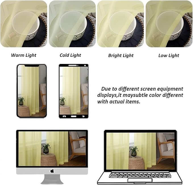 Chyhomenyc Sheer Curtains 108 Inch Length 2 Panels Set - Extra Long Light Filtering Solid Voile Window Drapes for Living Room Bedroom, 42Wx108L, 9FT Length, Light Yellow