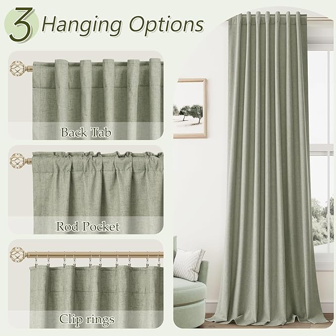 Guken 100% Blackout Linen Curtains 110 Inch Wide by 52 Inch 2 Panels Set for Living Room Bedroom Back Tab Thermal Insulated Black Out Linen Drapes Room Darkening Window Curtains, Sage Green