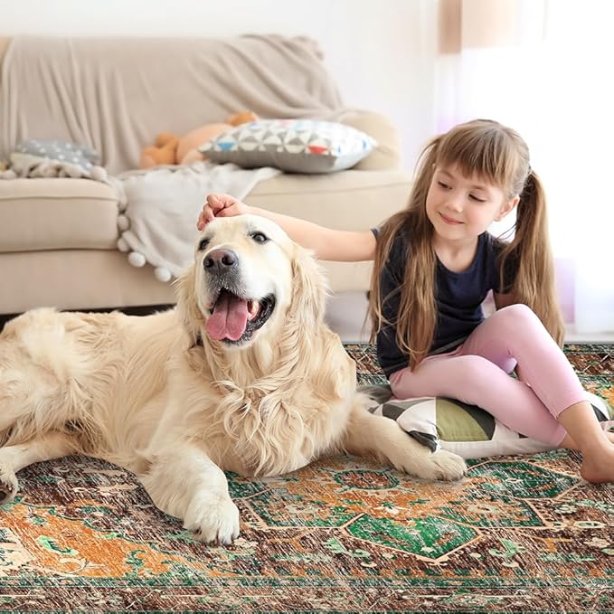 Yamaziot Washable Area Rug, 4x6 Non-Slip Boho Vintage Living Room Bedroom Rug with Rubber Backing, Low Pile Faux Wool Soft Distressed Rug Floor Carpet for Living Room, Laundry, Kids Playroom