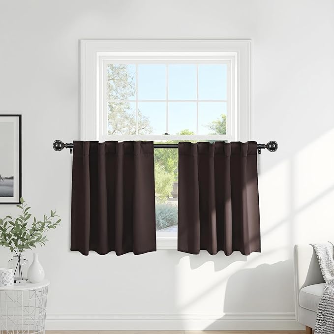 PONY DANCE Small Blackout Curtains for Kitchen Windows, Short Drapes for Bathroom, Thermal Insulated Window Curtains Tiers for Basement, W 29 x L 36, Brown, 1 Pair