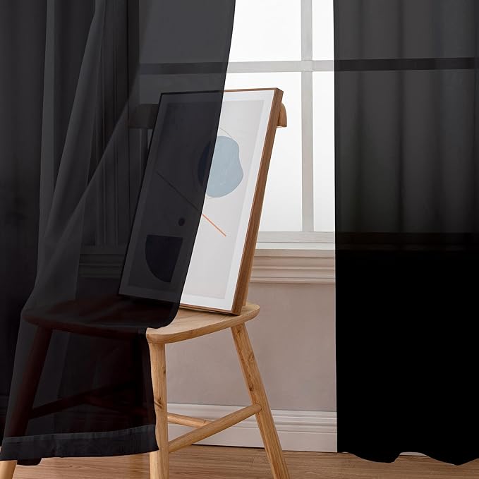 Aiyufeng Sheer Black Curtains 120 Inches Long, Extra Long Rod Pocket Solid Color Window Sheer Curtain Panels, Elegant Curtains & Drapes for Living Room, Bedroom 2 Panels (Black, 59" W x 120" L)