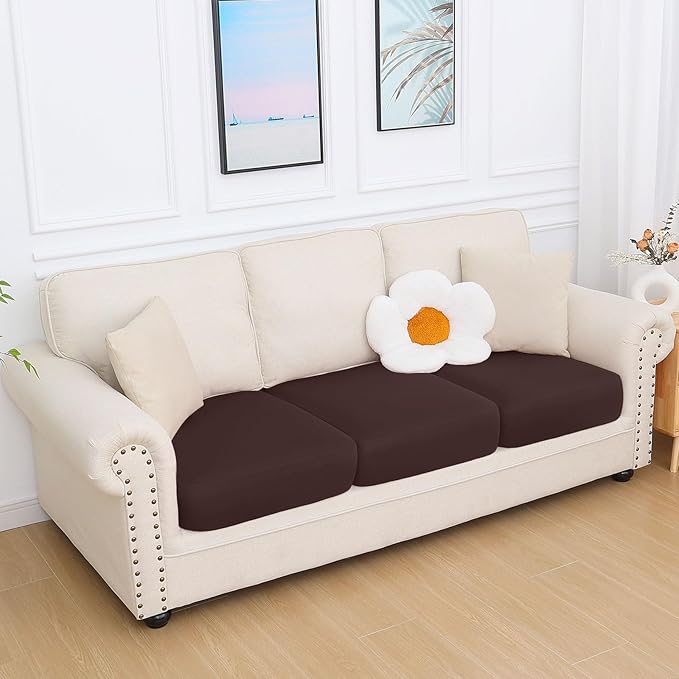 hyha Milk Silk Couch Cushion Covers, Soft Magic Sofa Covers Washable for 3 Cushion Couch, Stretch Sectional Outdoor Cushion Covers for Patio Furniture with Elastic Bottom(3 Packs, Chocolate)