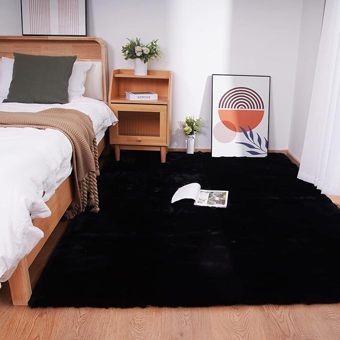 Ghouse Ultra Soft Faux Rabbit Fur Rug 4x6, Machine Washable Area Rugs for Bedroom Fluffy Rugs for Living Room, No-Shedding Carpet Sheepskin Rug Black