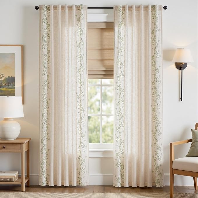 jinchan Evelyn Embroidered Linen Curtains for Living Room Elegant Farmhouse Semi Sheer Light Filtering Curtains 84 inches Long Cottage Sage Green Floral Window Drapes Rod Pocket Back Tab 2 Panels