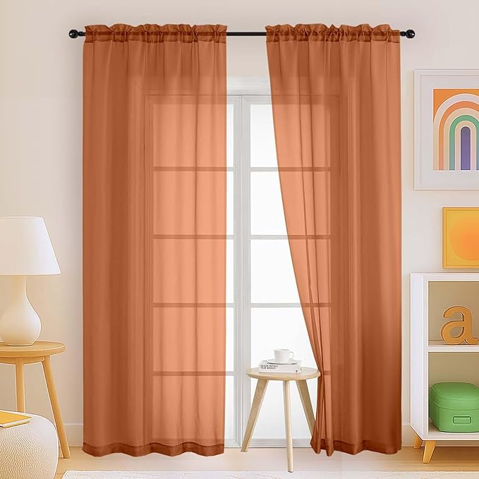 Orange Sheer Curtains 90 Inches Long 2 Panels, Light Filtering Solid Sheer Curtains for Bedroom Living Room, Lightweight Soft Airy Window Voile Sheer Drapes, Dual Rod Pocket, 2x42Wx90L Inches
