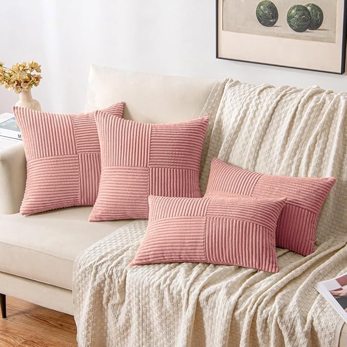 MIULEE Blush Pink Decorative Throw Pillow Covers 18x18 Inch for Couch Bed Sofa Valentines Day Pack of 2 Boho Farmhouse Throw Pillows Soft Cross Corduroy Patchwork Textured Cushion Cases