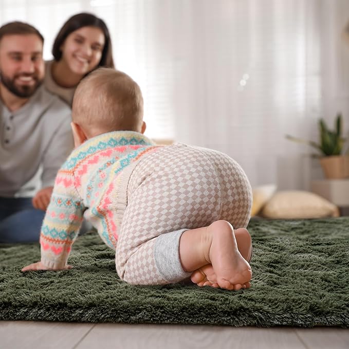 Goideal Fluffy Rug for Bedroom Living Room, 5x7 Olive Green Area Rugs, Faux Fur Shag Modern Carpet Ultra Soft Girls Boys Room Home Decor, Solid