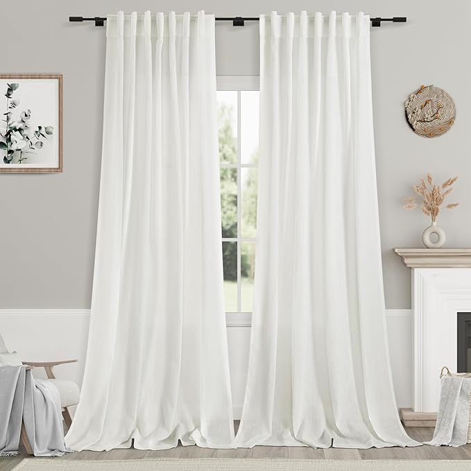 Nanspring Ivory Linen Curtains 95 Inch Length for Living Room 2 Panel Set Burlap Textured Semi Sheer Linen Drapes Rustic Country Window Treatment Farmhouse Drop Cloth Curtain for Dinning Room
