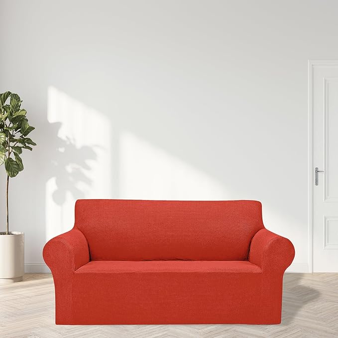 Cupuamon 2026 New Stretch Loveseat Sofa Slipcovers Couch Cover for 2 Cushion Furniture Protector Sofa Covers with Elastic Bottom Jacquard Fabric Small Checks for Pets, Kids - Pureed Pumpkin