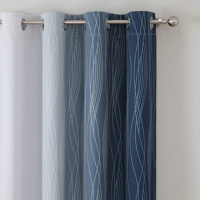 Estelar Textiler Full Room Darkening Greyish White and Navy Blue Blackout Curtains 54 Inch Length 2 Panels Set,Ombre Thermal Insulated Full Light Blocking Grommet Blackout Drapes for Kitchen,52Wx54L