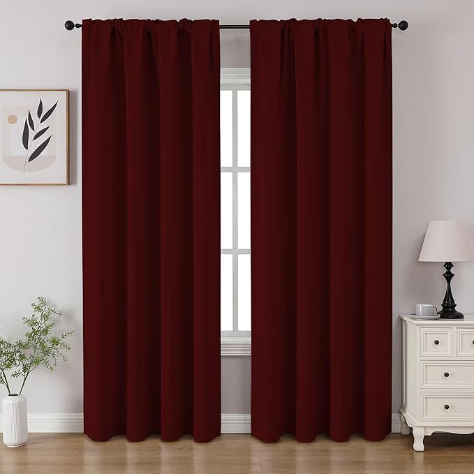 CUCRAF Burgundy Red Blackout Curtains 96 inch Length 2 Panels Set, Rod Pocket Room Darkening Drapes for Bedroom Living Room, Insulated Thermal Light Blocking Window Curtain (W52 x L96 Inch)