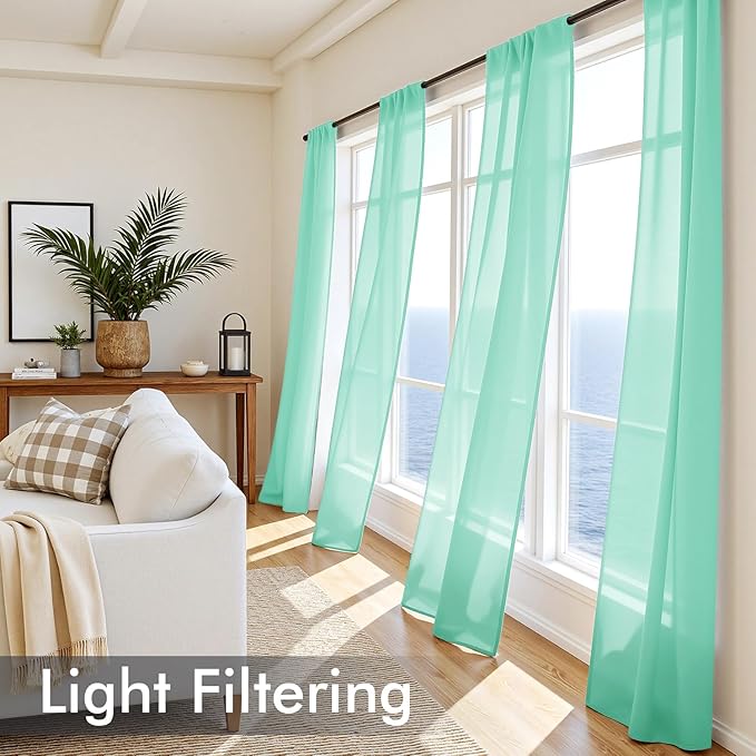 MIULEE Aqua Sheer Curtains 96 Inches Long, 4 Panels Set, Light Filtering Rod Pocket Voile Drapes for Living Room and Bedroom, Airy Soft Fabric Window Treatments, 42 x 96 Inches