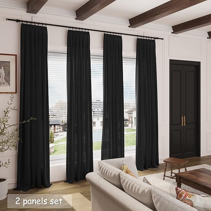 Black Sheer Linen Curtains 70 Inch Length for Living Room Lightweight Door Drapes 2 Panels Set with Back Tab Rod Pocket for Kitchen Kids Bedroom Light Filtering Protect Privacy Window Curtain W52xL70