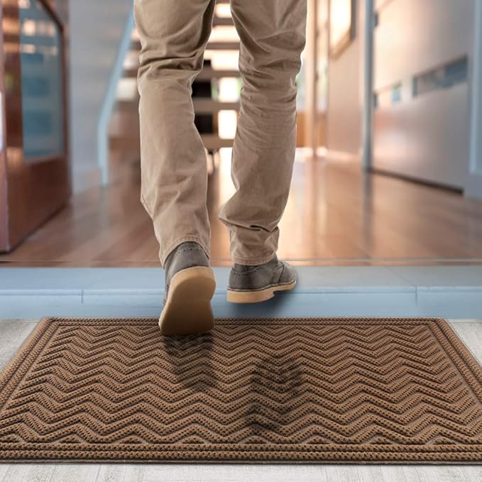 Mibao Front Door Mat, Dirt Trapper Welcome Mat for Outdoor Indoor, Non-Slip Waterproof Doormat, Durable Machine Washable Low Profile Entry Rug for Back Door Outside Patio, 35.5" x 24", Coffee Wave