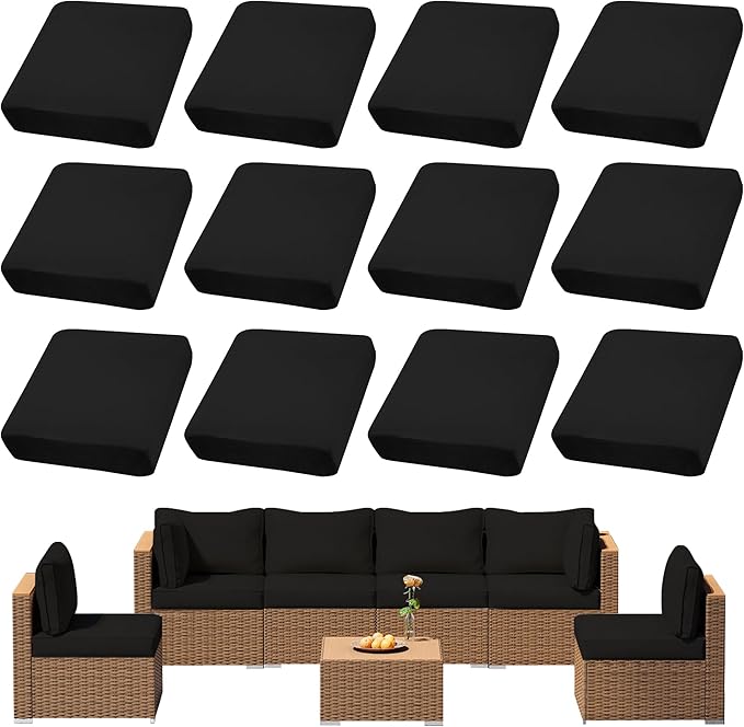 12Pcs Outdoor Cushion Covers, Patio Cushion Covers,Stretch Elastic Slipcovers, Replacement Washable & Reusable Furniture Protector for Patio Couch (Black,Cover Only)