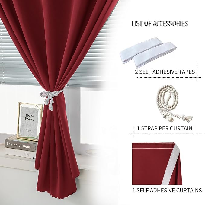 Self Adhesive Curtains, Stick Curtain Blackout Shades Window Cover Curtains for Living Room No Drilling, 59" W X 71" L, Burgundy, 1 Panel