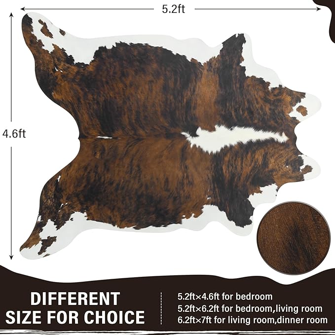 AROGAN Western Decor Faux Fur Cowhide Rug, 4.6x5.2 Feet Premium Animal Skin Cow Hide Rug, Sturdy Cow Print Rugs for Wall Decor, Western Floor Carpet for Bedroom Living Room, Black and Brown