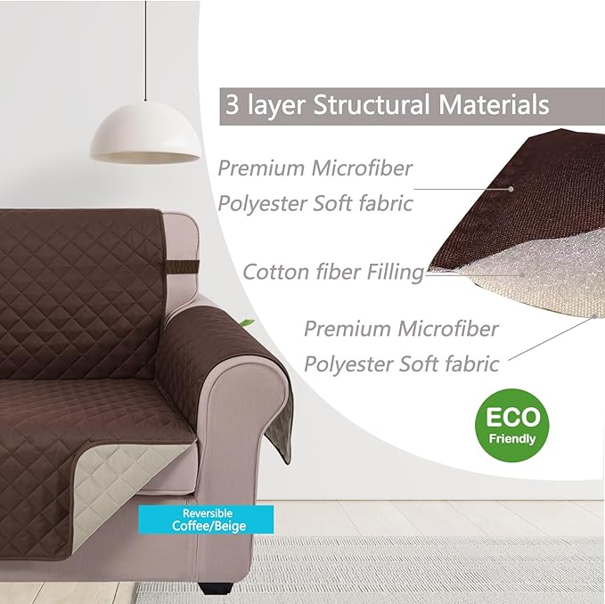 U-NICE HOME Reversible Sofa Cover Washable Couch Cover for Dogs Friendly with Elastic Straps Water Repellent Furniture Protector for 3 Cushion Couch (Sofa, Coffee/Beige)