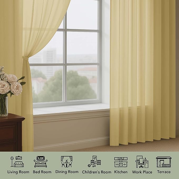 OWENIE Extra Long Gold Sheer Curtains 96 Inches Long 2 Panels Set, Soft Lightweight Airy Voile Sheer Curtain for Bedroom Living Room, Rod Pocket Solid Color Farmhouse Curtains, 59" Wx96 L Inch