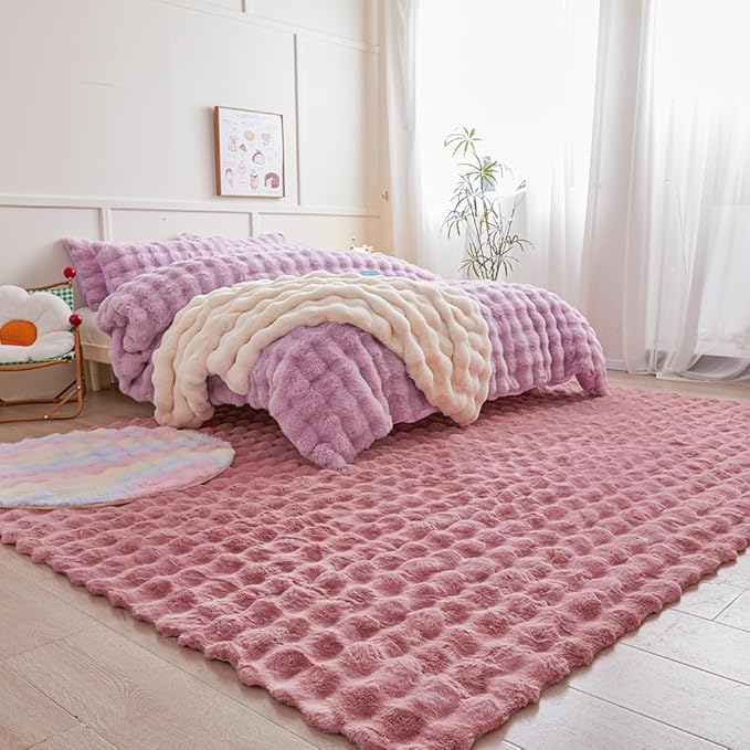Pink Rabbit Plush Rug 8'x10', Fluffy Faux Fur Shaggy Area Rug for Nursery, Kids Room Decor, Soft Fuzzy Carpet for Living Room, Bedroom, Teen Girls Room