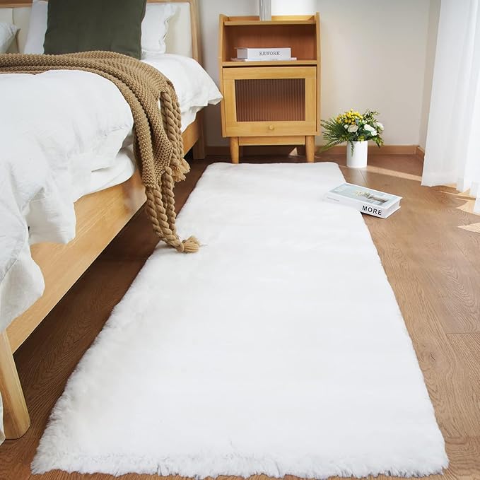 Ghouse Ultra Soft Faux Rabbit Fur Rug, Machine Washable Area Rugs for Bedroom Fluffy Rugs for Living Room, No-Shedding Carpet Sheepskin Runner Rugs White 2x10 Feet