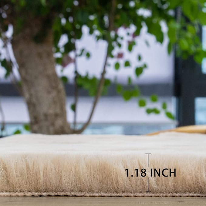 ORINOVA Beige Plush Faux Washable Rabbit Fur Area Rugs for Bedroom Shag Carpet for Living Room 4x6 Rectangle Nursery Rug
