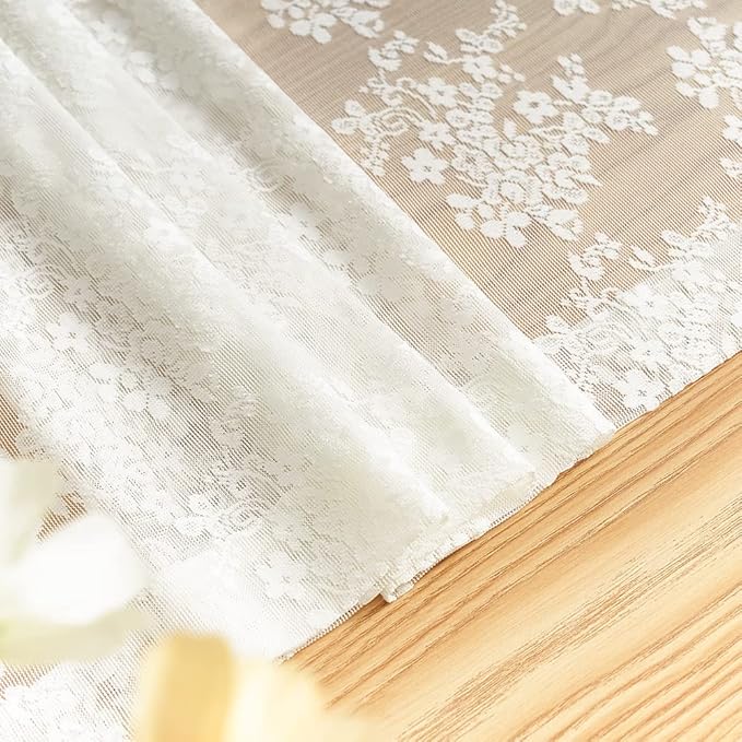 YJ YANJUN Vintage Lace Curtains 54 Inch Length- Victorian Floral Pattern Ivory Short Sheer Curtain Panels for Living Room Bedroom, Country Light Filtering Drapes, Set of 2 52W x 54L Cream