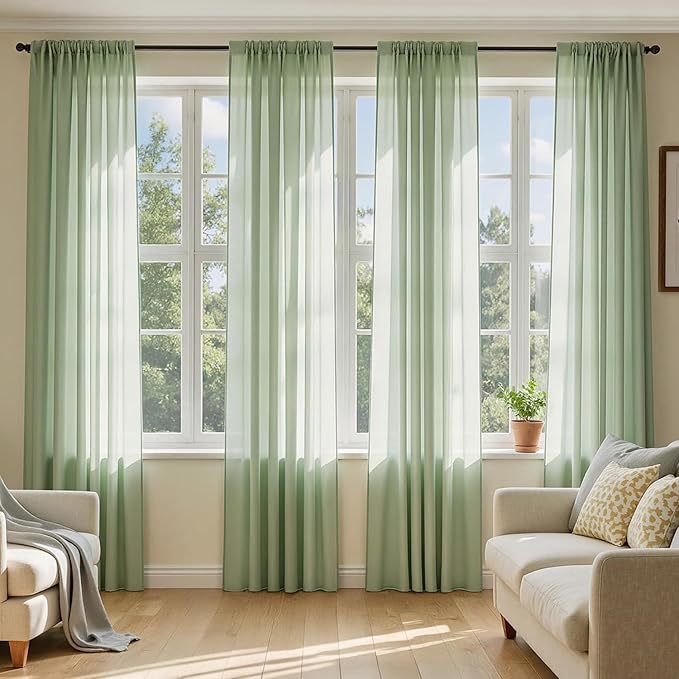 MIULEE Sage Green Sheer Curtains 84 Inches Long, 4 Panels Set, Light Filtering Rod Pocket Voile Drapes Window Treatments, Semi Transparent Airy Fabric for Bedroom and Living Room, 42 x 84 Inches
