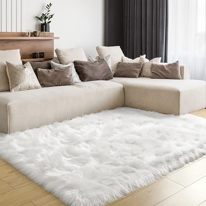 LOCHAS Soft Fluffy Faux Fur Rugs for Bedroom Bedside Rug 4x6 Feet, Washable, Furry Sheepskin Area Rug for Living Room Girls Room, Luxury Shag Carpet Home Decor, White