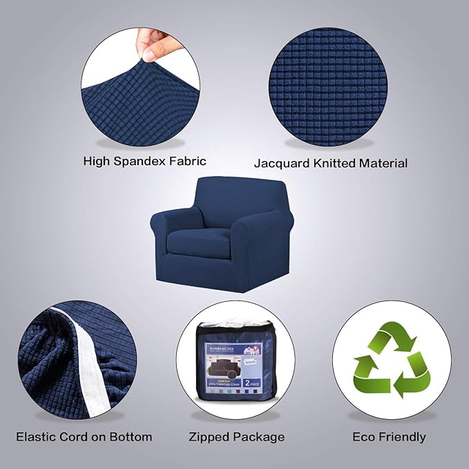 H.VERSAILTEX High Stretch 2-Piece Armchair Cover/Sofa Chair Covers/Slipcover Furniture Protector for Chairs, Made of Rich Textured Spandex Small Checks Knitted Jacquard Fabric (Chair, Navy)