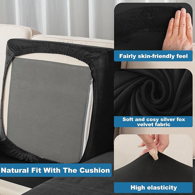 Couch Cover 3-Piece Elastic Velvet Couch Cushion Covers & Chaise Slipcovers for L-Shaped Sofas, Sofa Seat Covers Washable, Soft Cover for Couches (2 Seater + Chaise, Black)