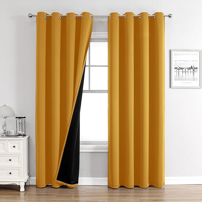 ChrisDowa 100% Blackout Curtains 102 inch Long for Bedroom with Black Liner, 2 Thick Layers Total Blackout Thermal Insulated Grommet Window Curtains 2 Panels Set (Mustard Yellow, 52 x 102 Inch)