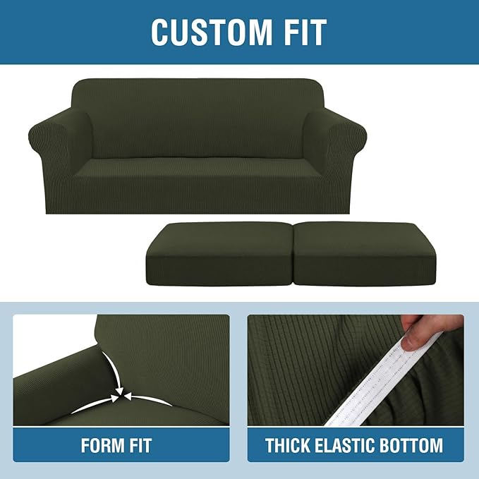 H.VERSAILTEX 3 Piece Stretch Sofa Covers for 2 Cushion Loveseat Couch Covers for Living Room Sofa (Base Cover Plus 2 Seat Cushion Covers) Thicker Jacquard Fabric (Medium Sofa, Olive)