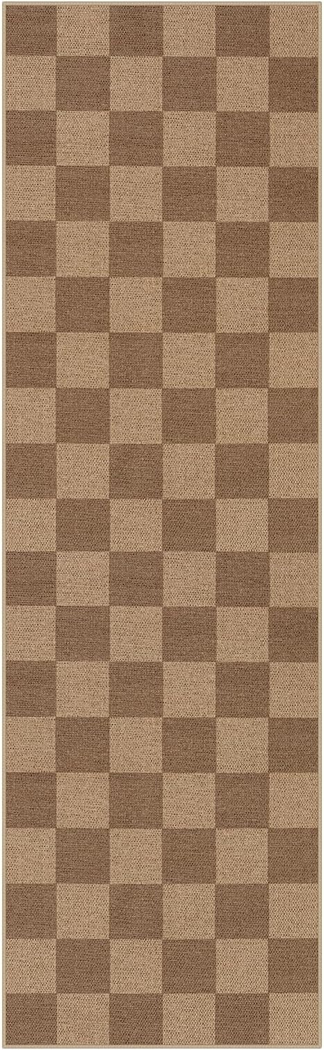 Lahome Colette Checkered Easy Jute Kitchen Runner, 2x8 Washable Indoor Outdoor Runner Rug, Checkerboard Non Slip Non Shedding Neutral Carpet for Hallway Entryway Foyer