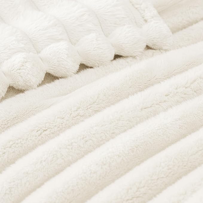 Exclusivo Mezcla Fleece Throw Blanket for Couch, Super Soft Striped Jacquard Bed Blanket, Lightweight Fuzzy Cozy for All Seasons, 50x60 Inches, Ivory