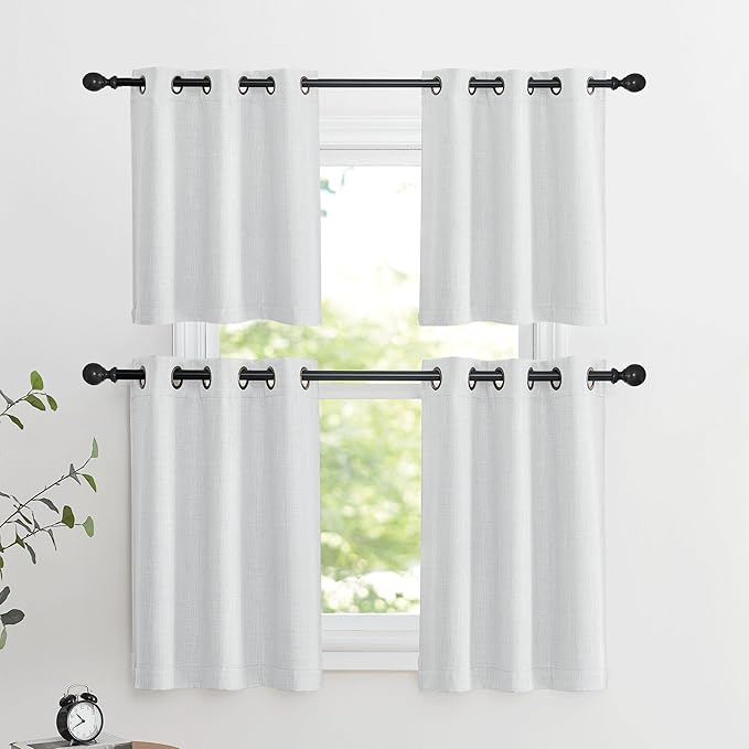 NICETOWN Faux Linen Valances, Short Cafe Curtains Kitchen Tiers, Room Darkening Small Window Curtains Treatment Grommet Top for Bathroom/Basement(2 Panels, 34x24 Inches, Greyish White)