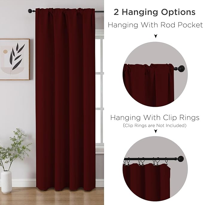 CUCRAF Burgundy Red Blackout Curtains 63 inch Length 2 Panels Set, Rod Pocket Room Darkening Drapes for Bedroom Living Room, Insulated Thermal Light Blocking Window Curtain (W52 x L63 Inch)