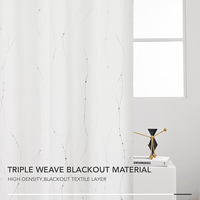 Deconovo White Curtains, Room Darkening Curtain, Thermal Insulated Noise Reduced Drapes, Wave Dots Silver Print, 52 x 84 Inch Long, Grommet Top, Window Panels for Living Room Bedroom Nursery, Set of 2