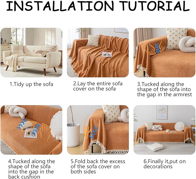 HANDONTIME Dark Orange Sofa Covers Couch Cover for Dogs Colorful Tassel Lovetseat Covers Pet Couch Cover Bohemian Sofa Cover for Couch Vintage Boho Couch Covers Futon Cover Pet-Friendly, 71" X134"