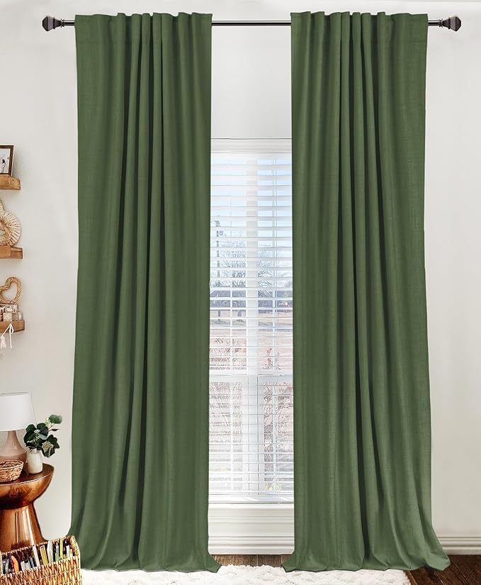 100% Blackout Shield Linen Blackout Curtains for Bedroom 120 Inches Long, Back Tab/Rod Pocket Living Room Drapes, Thermal Insulated Blackout Curtains 2 Panels Set, 50" W x 120" L, Moss Green