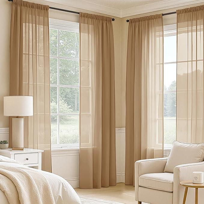 MIULEE Brown Sheer Curtains 102 Inches Long, 4 Panels Set, Light Filtering Rod Pocket Voile Drapes for Living Room and Bedroom, Airy Soft Fabric Window Treatments, 42 x 102 Inches