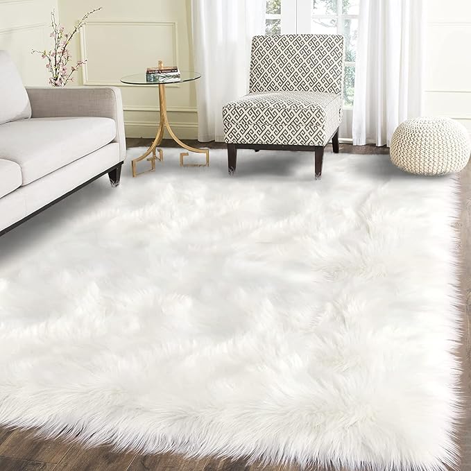 Latepis Large Area Rugs 6.7x10 Big White Faux Sheepskin Fur Rug for Living Room Washable Fluffy Rug for Bedroom High Pile Plush Shaggy Rugs Home Décor Rectangle