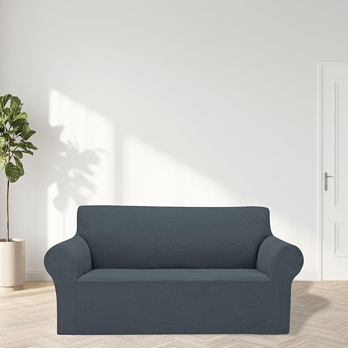Cupuamon 2026 New Stretch Loveseat Sofa Slipcovers Couch Cover for 2 Cushion Furniture Protector Sofa Covers with Elastic Bottom Jacquard Fabric Small Checks for Pets, Kids - Grey