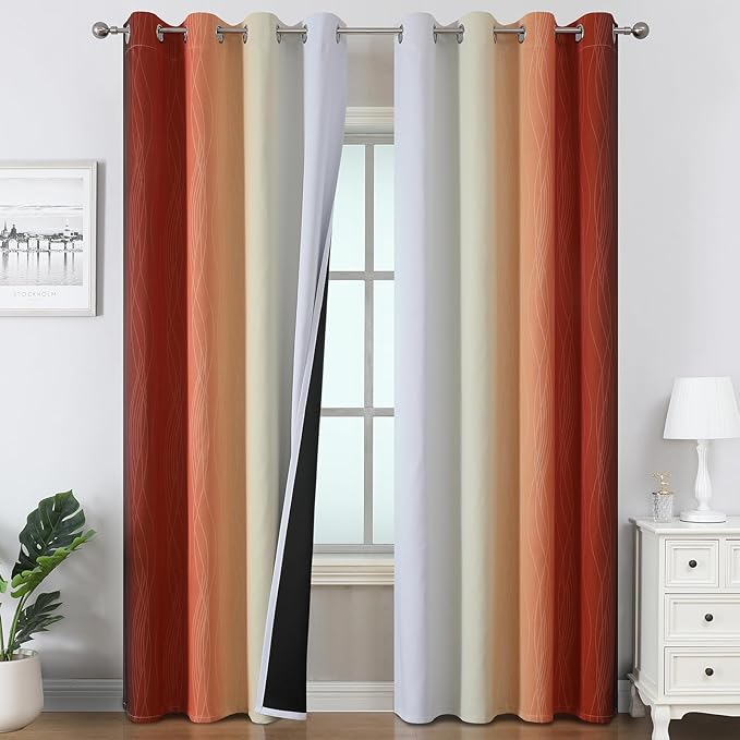 Estelar Textiler Burnt Orange & Greyish White Ombre Blackout Curtains 96 Inch Length 2 Panels, Light Blocking Thermal Insulated Room Darkening Window Drapes for Bedroom/Living Room, 52x96 Inch