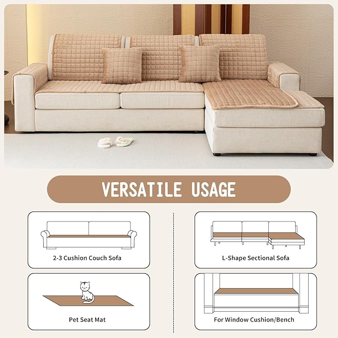 Velvet Couch Covers for Dogs, Dog Sectional Couch Covers, Pet Couchs Cover for Large Sectional, Couchs Protector for Dogs, Sectional Sofa Cover for Pet Washable(1PC,Khaki,27.6"×94.4")