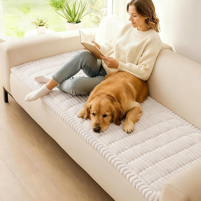 hyha Couch Covers for Dogs Washable, Non Slip Plush Dog Sofa Protectors, Fuzzy Pet Couch Covers for 3 Cushion Sofa Pet Friendly (White, 27.6" x 70.9")